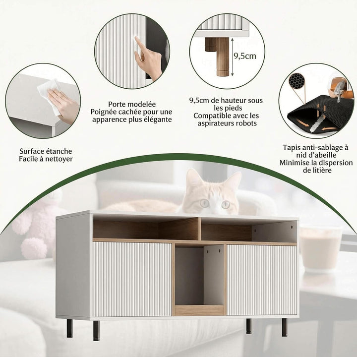 Katzenklo Schrank für 2 Katzen, Weiss, 120 x 50 x 66 cm | MDF, verstecktes Katzenklo Möbel, belüftet