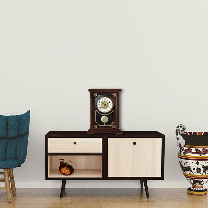 PRIM Design Holzuhr, Luxus Deko für Wohnzimmer, Schlafzimmer, Büro (Dunkelbraun/Gold), Dunkelbraun/G