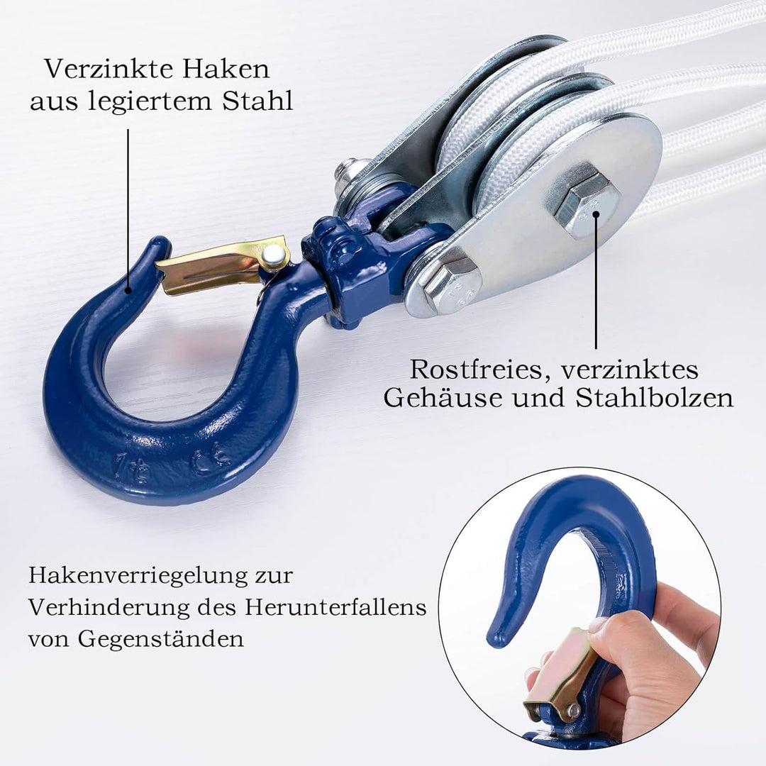 1 Ton Doppelte Umlenkrolle mit Kugellager und Haken, Umlenkrollen für 10mm Seile Stahlseil, für Fors