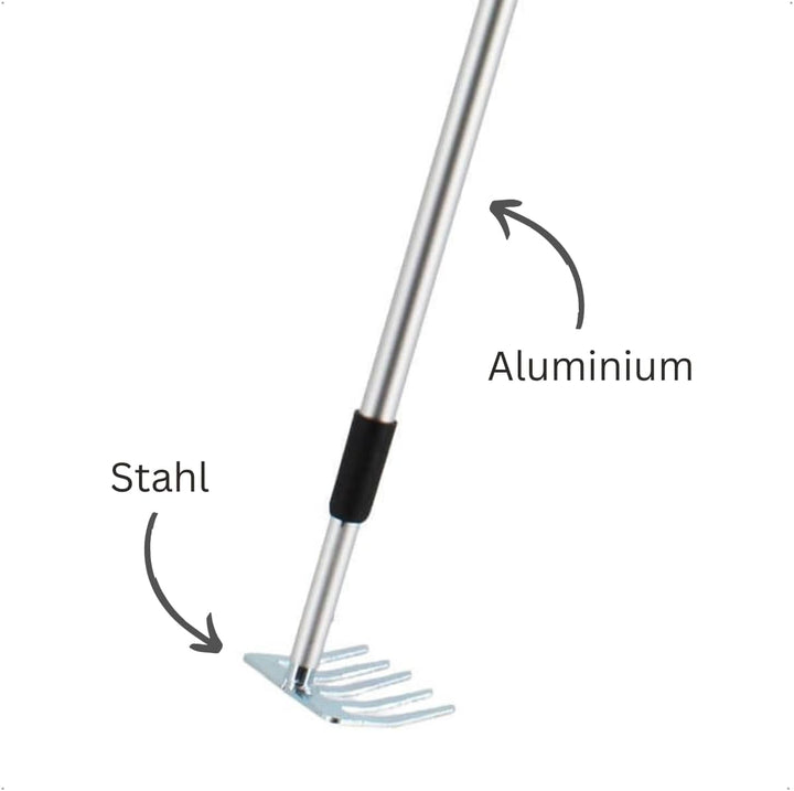 Rekord Kleinrechen (Stahl) mit Teleskopstiel (Aluminium) Länge bis 104 cm & Aufhängeloch, Harke, Lau