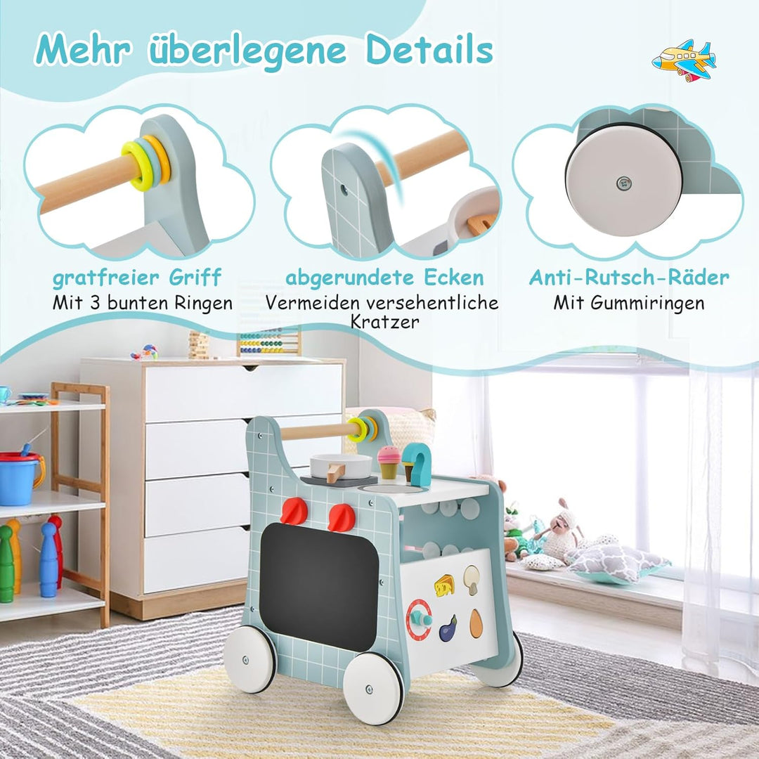 DREAMADE Lauflernwagen Holz, 6-in-1 hölzerne Lauflernhilfe, Baby Walker mit Blöcken & 9 Teilen Zubeh