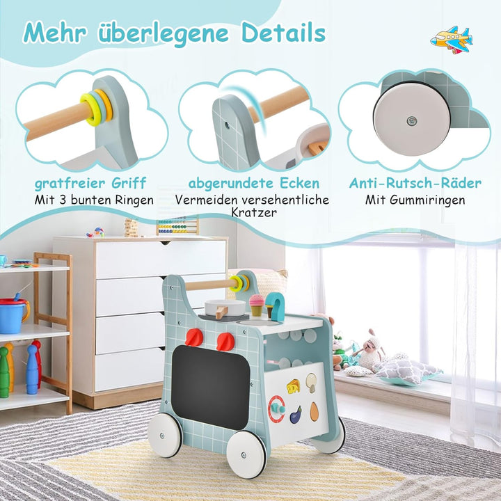DREAMADE Lauflernwagen Holz, 6-in-1 hölzerne Lauflernhilfe, Baby Walker mit Blöcken & 9 Teilen Zubeh