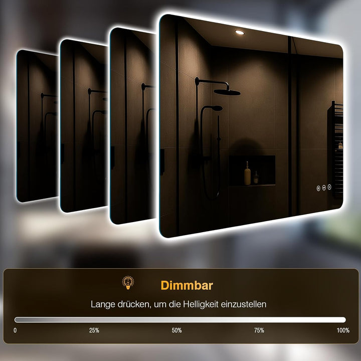 Badezimmer Spiegel mit Beleuchtung, Led Bad Spiegel mit Licht, 3 Lichtfarben, Dimmbar, Antibeschlag,