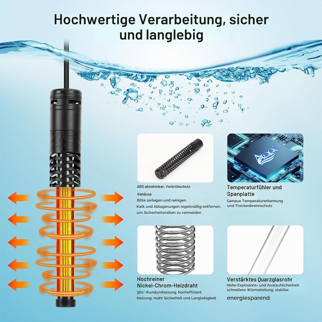 AQQA Aquarium Heizung, 300W/500W/800W/1000W/1200W Tauchheizung für Aquarien mit LED-Digitalanzeige &amp;