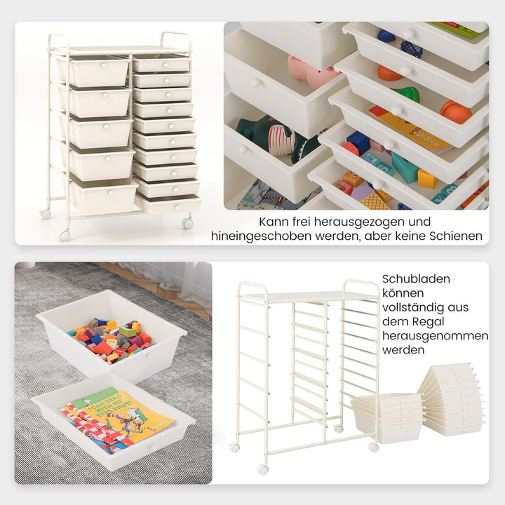 COSTWAY Rollwagen mit 15 stapelbaren Schubladen, Schubladenwagen Rollcontainer mit Metallgestell und