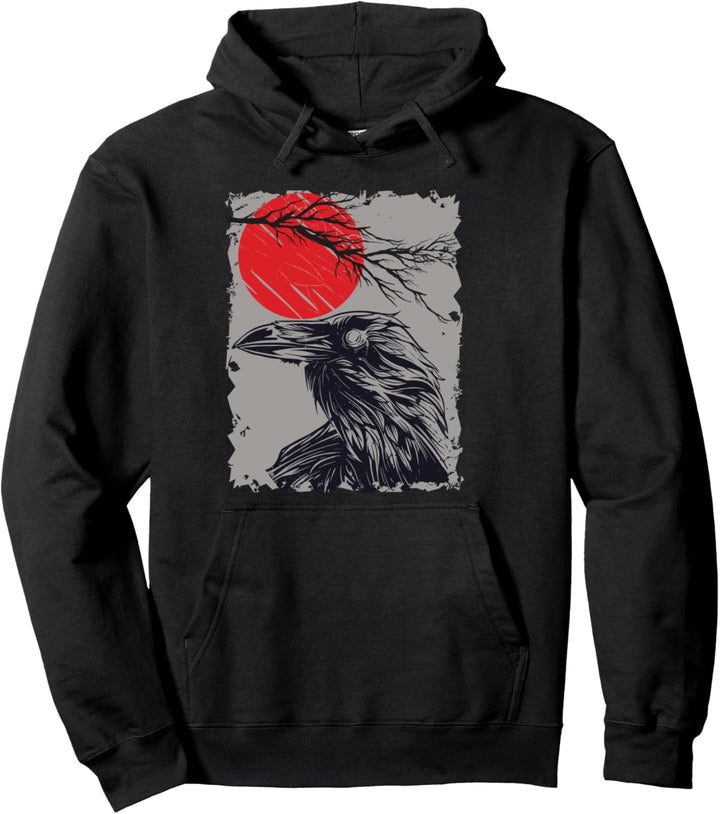 Gothic-Stil, roter Mond, schwarze Krähe Pullover Hoodie