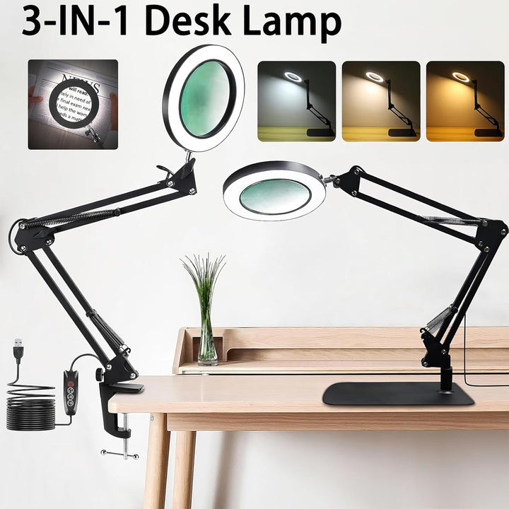 15X Magnifying Glass with Light, LED Desk Lamp with Base and Clamp, 3 Color Modes, 10 Brightness, 72