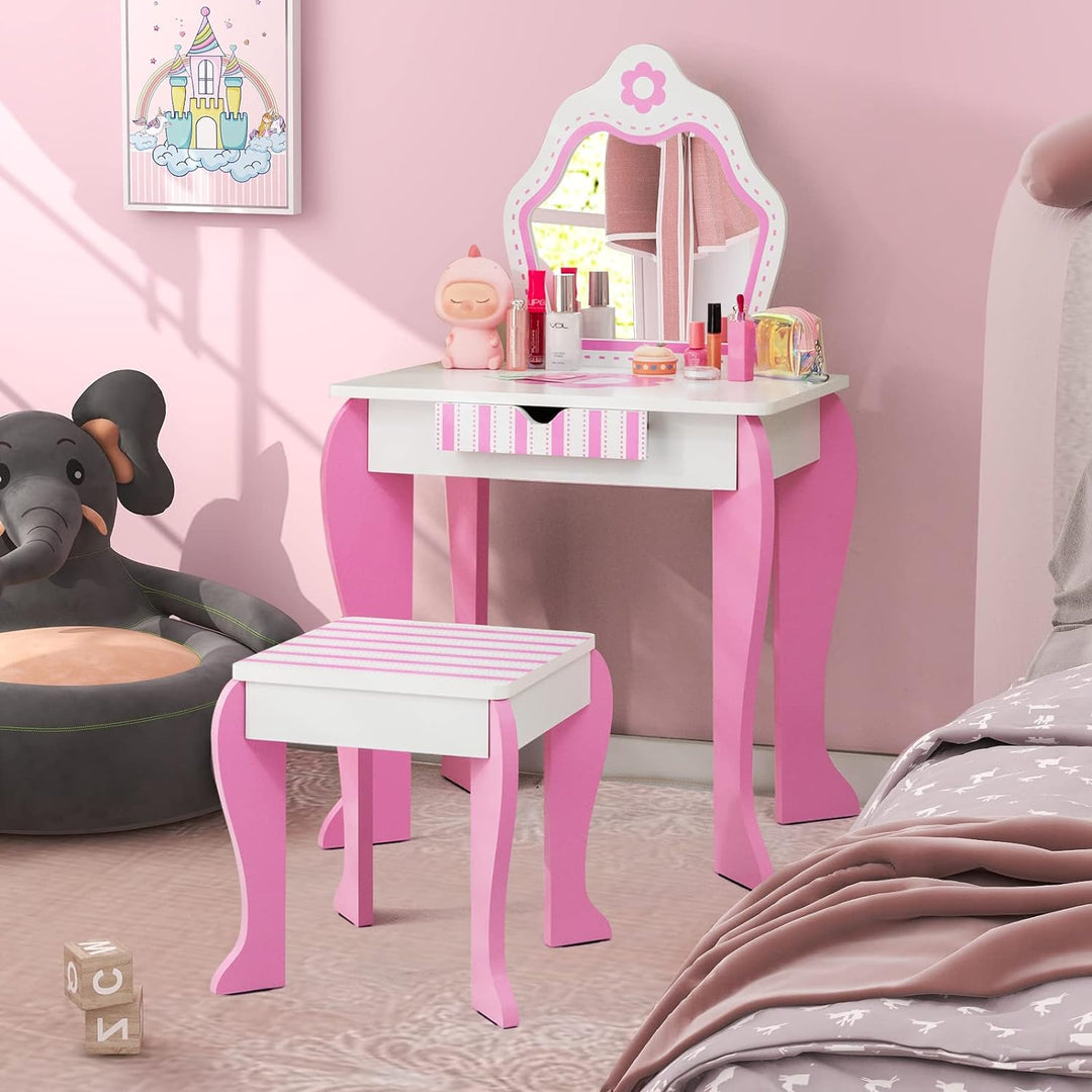 GOPLUS Kinder Schminktisch Set, Make up Schminktisch mit Hocker Spiegel, 2 in 1 Frisiertisch mit Sch