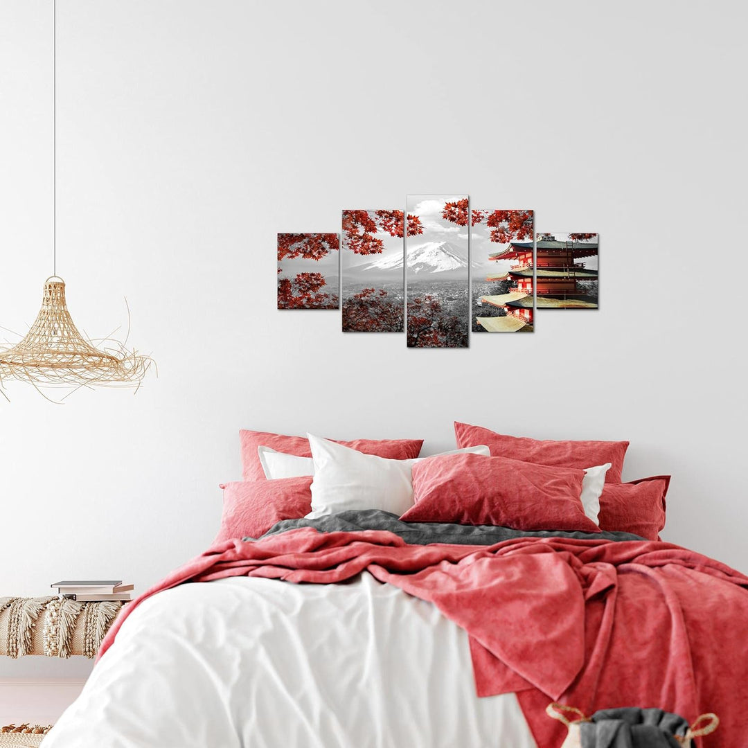 Runa Art Wandbilder Japan 5 Teilig Bild auf Vlies Leinwand Deko Wohnzimmer Schlafzimmer Tempel Rot G