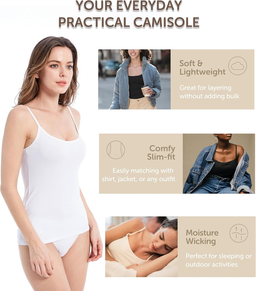 Comfneat Damen 4-Pack Spaghetti Tops Slim-Fit Verstellbare Träger Camisole Baumwolle Elasthan Unterh
