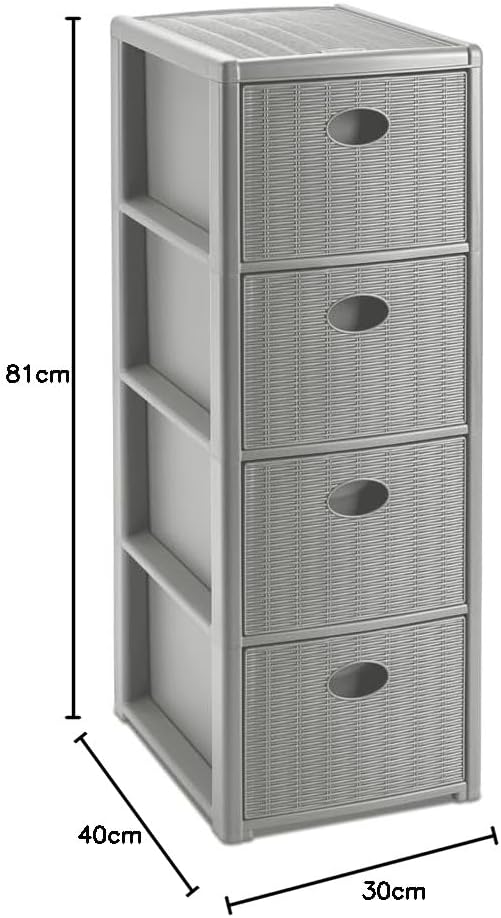 Rollbarer Schubladenschrank aus Kunststoff in Rattan-Optik mit 4 Schubladen. Masse: 30x40x81 cm. In