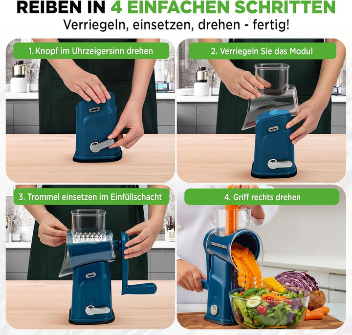 NutriChef Trommelreibe - mit Kurbel - Käsereibe inkl. 5 Trommelblättern - Ideal für Käse Gurken Karo