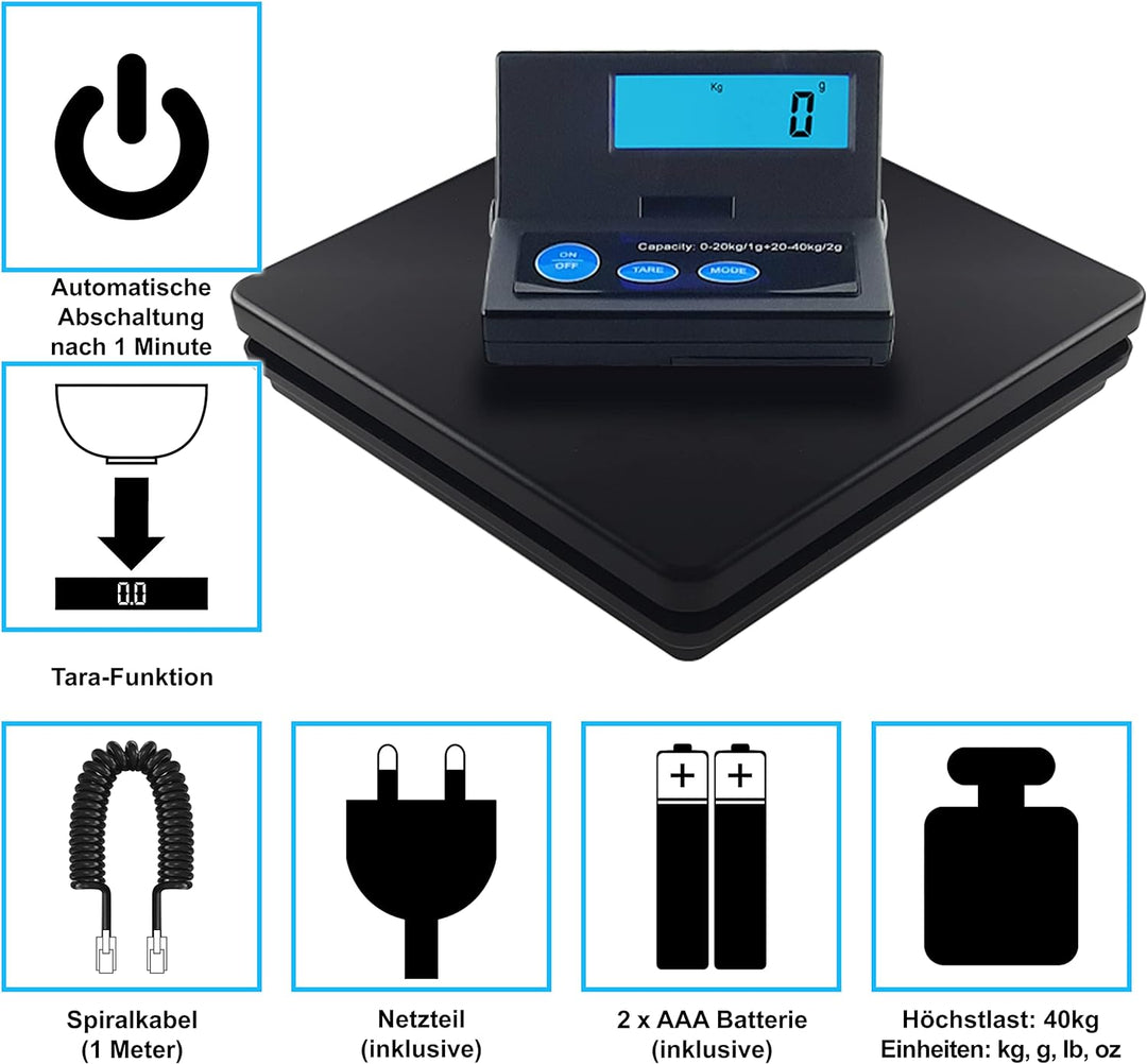 Dipse ACE Digitale Paketwaage von 1g bis 40kg - robuste Plattformwaage | Batterie- und Netzbetrieb