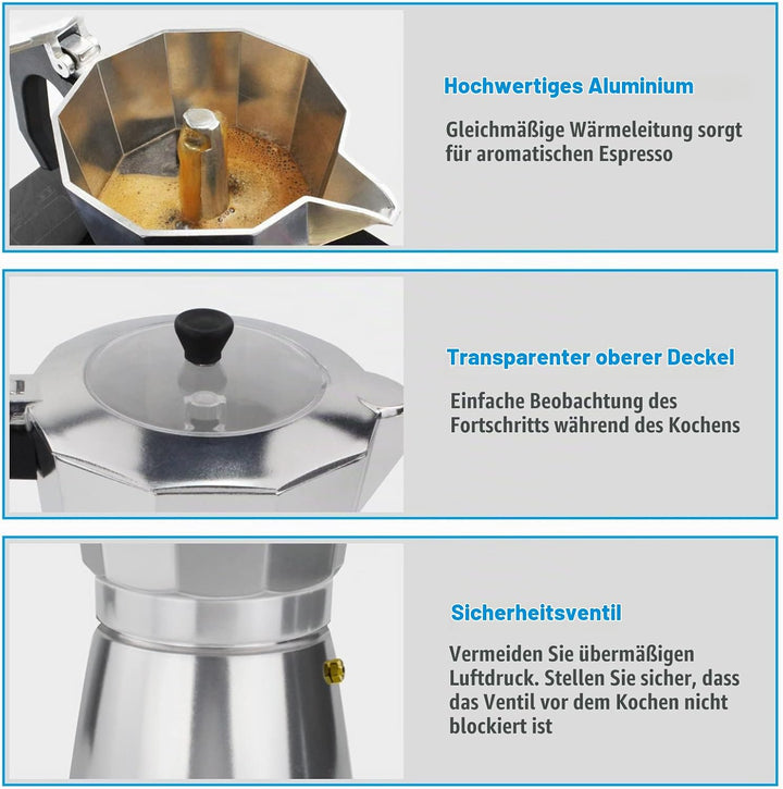 ACTIV CUISINE Espressokocher 9 Tassen aus Aluminium, Espressokanne Espresso Mokka Maker Mokkakanne i