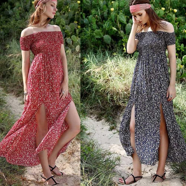 Coloody Sommerkleid Damen Lang Off Shoulder Maxikleider für Damen Blumenrock Schlitz Kleider Strandm