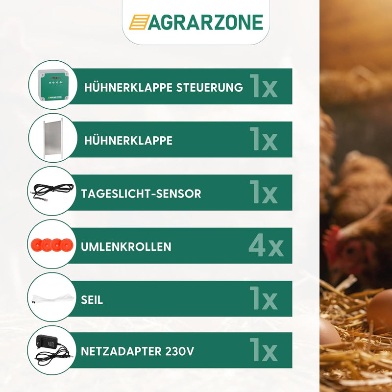 Agrarzone automatische Hühnertür Hühnerklappe mit Schieber 43 x 40 cm | Türöffner Hühnerstall mit Ze