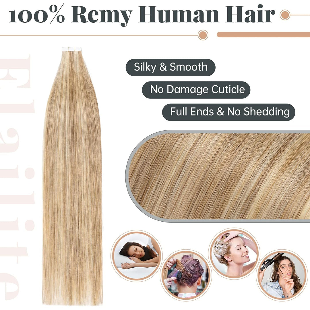 Elailite Echthaar Extensions Tape in 20 Stück #12P613 Goldbraun mix Bleichblond, Real Human Hair 20g