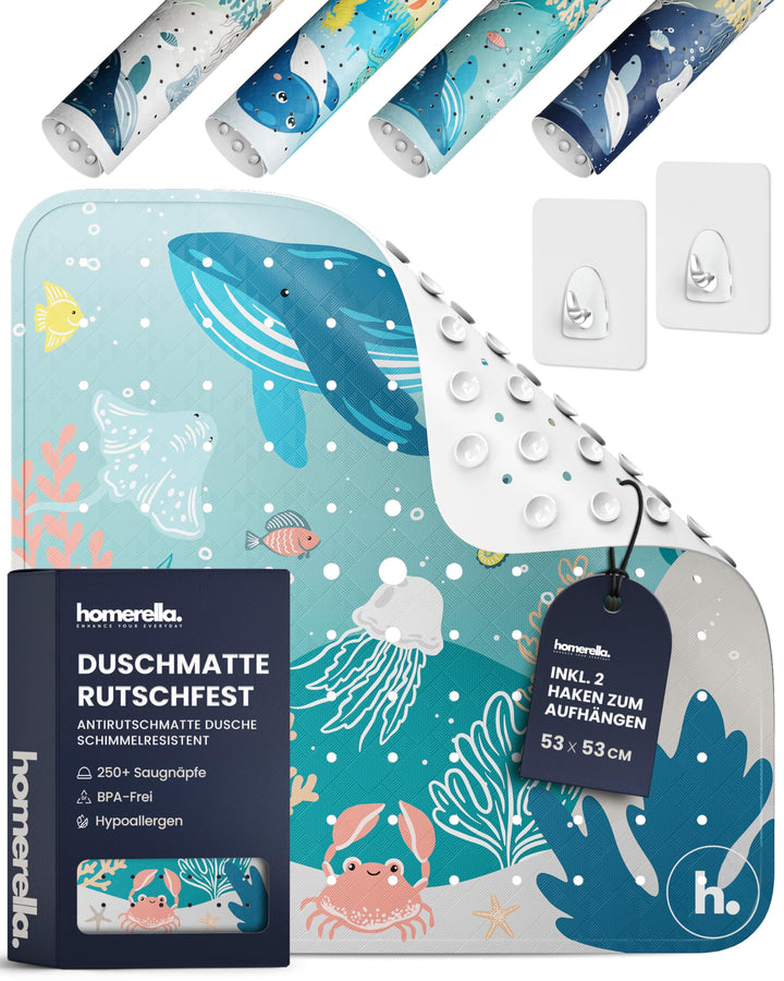 Homerella® Duschmatte rutschfest Kinder - 100% BPA frei Inkl. 2 Haken zum Aufhängen 53x53cm - Antiru