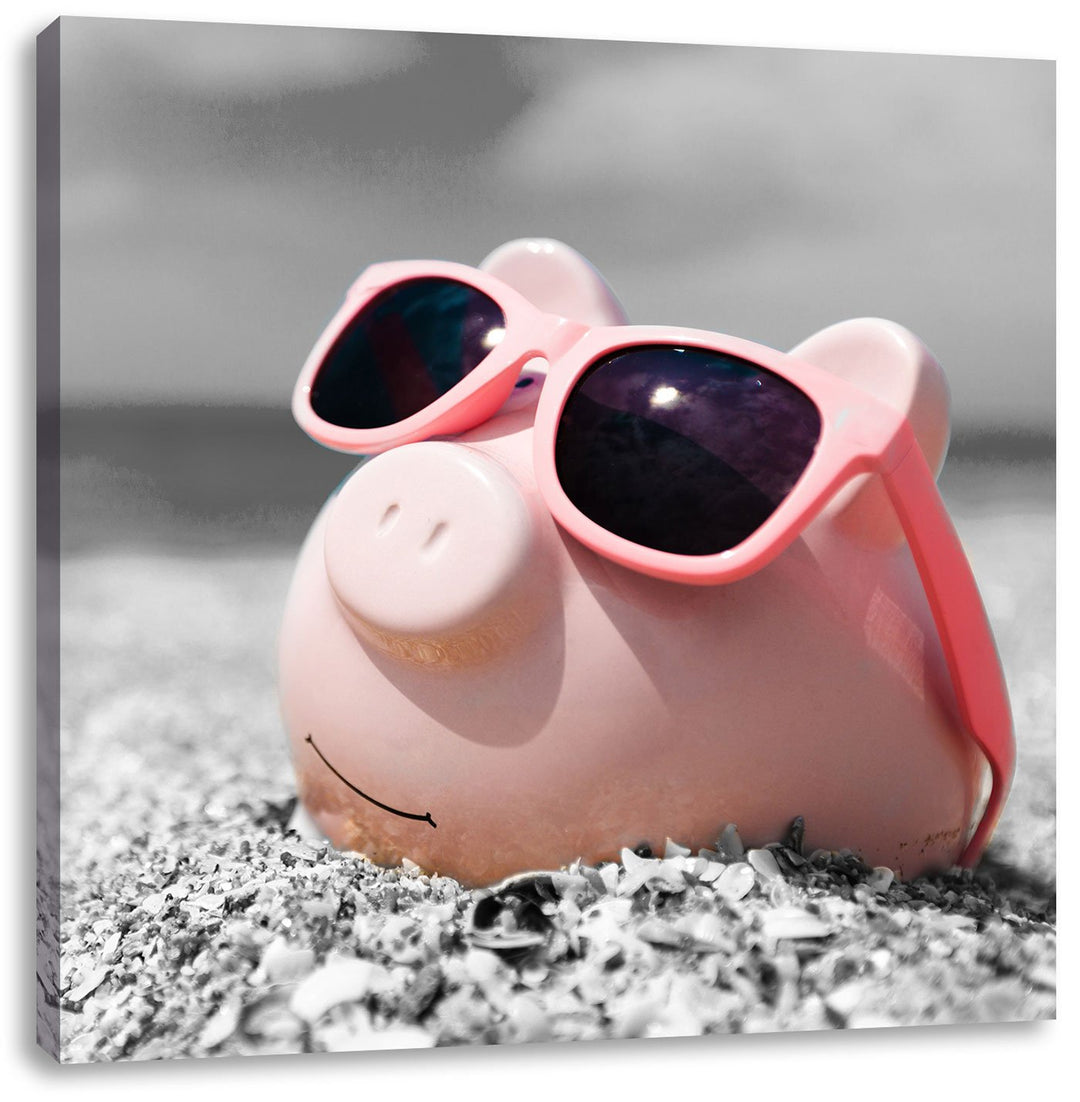 Pixxprint Cooles Sparschwein mit Sonnenbrille am Strand schwarz/weiss, Format: 70x70 auf Leinwand, 7