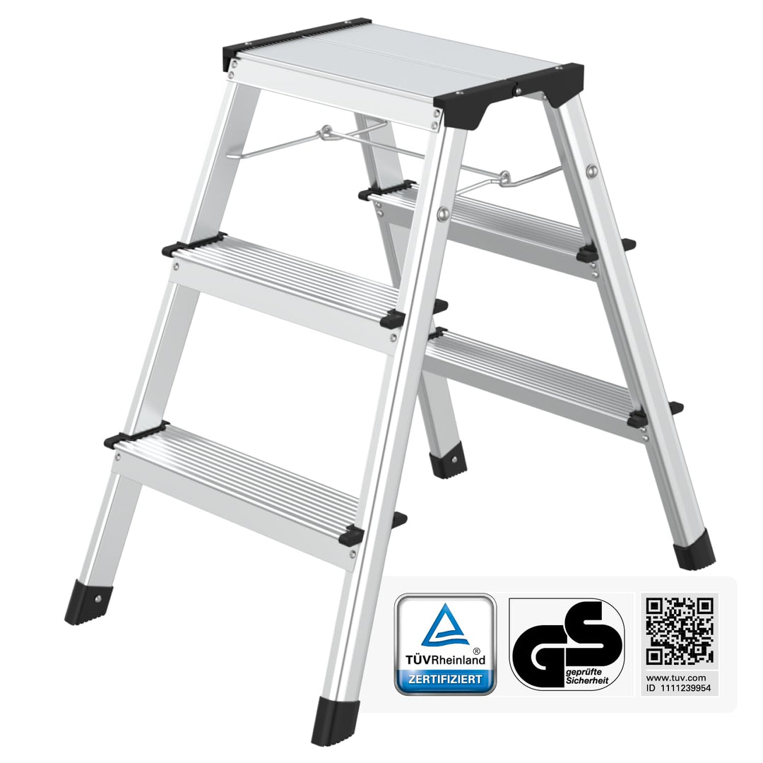 flexilife Trittleiter - Tritt Leiter Aluminium - Trittleiter 3 Stufen klappbar - Klappleiter bis 150