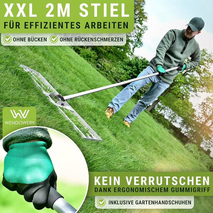 [80x30cm] Rasen Rakel mit extra langem Stiel [2 Meter] Inkl. Gartenhandschuhe - Handlicher Rasen Niv