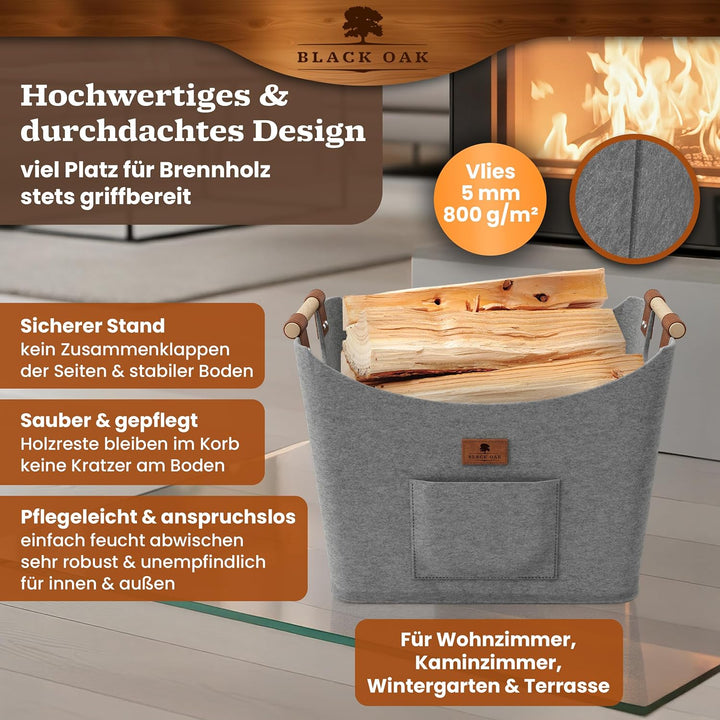 BLACK OAK Montana XL 60L Filzkorb &amp; Holzkorb für Kaminholz - Leder Applikation + rutschfeste Griffe