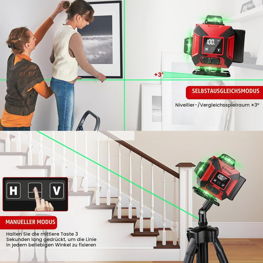 VOBOR Kreuzlinienlaser Mit Stativ mit 16 Linien, 4 x 360° Laser Wasserwaage mit Selbstnivellierend,