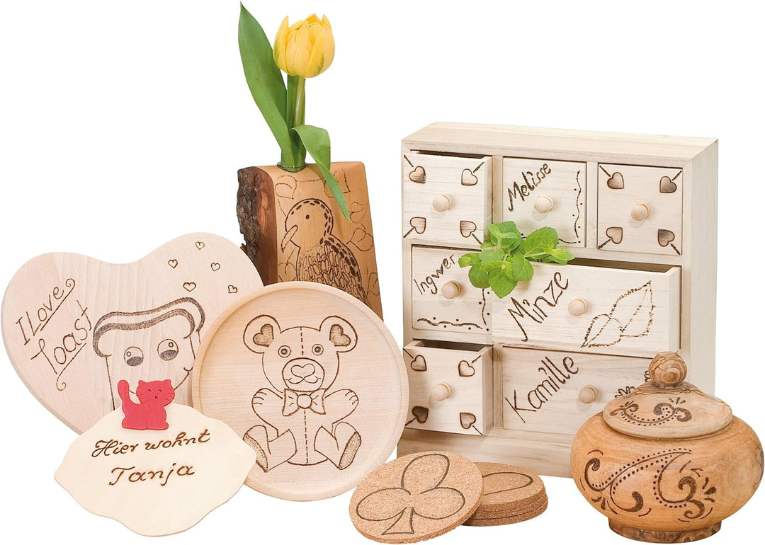 Pebaro 0261 Brandmal Set, Brandkolben, 9 Brennstempel, 9 Brennspitzen, Lötspitze, Styropormesser, Br