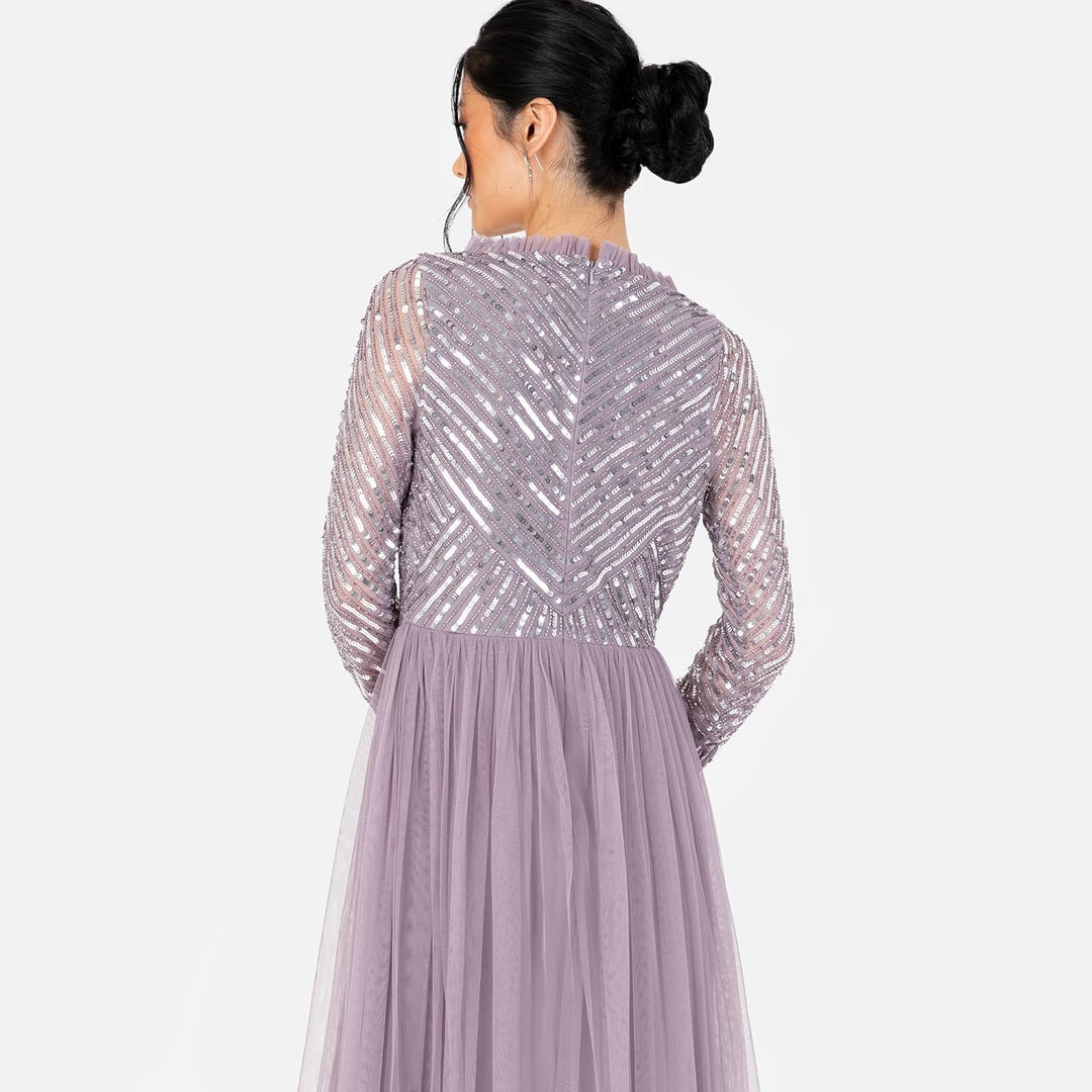 Maya Deluxe Damen Women's Maxi Ladies Embellished Wrap Tulle Frilly V-Neck Long Sleeve for Wedding G