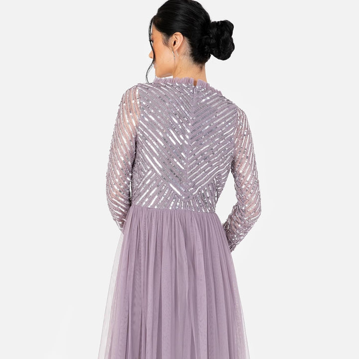 Maya Deluxe Damen Women's Maxi Ladies Embellished Wrap Tulle Frilly V-Neck Long Sleeve for Wedding G