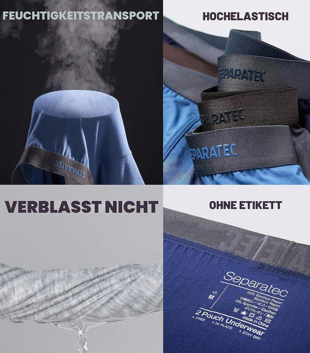 Separatec Herren Boxershorts, Herren Unterhosen aus Bambus-Viskose, atmungsaktiv und weich, Doppelbe