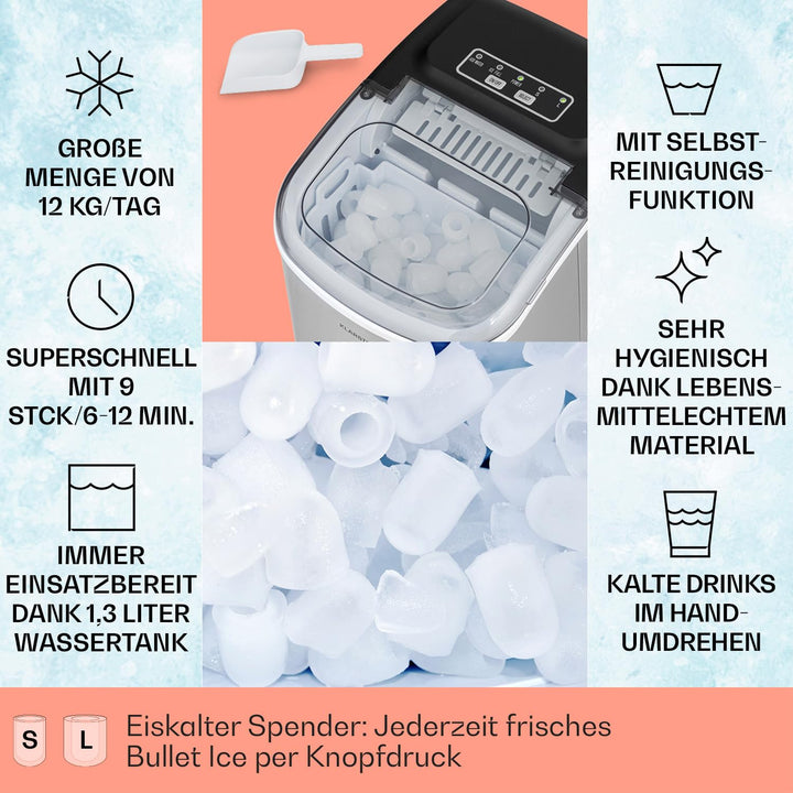 Klarstein Eiswürfelmaschine für Zuhause Camping Gastro, Schnelle Mini-Eiswürfelmaschine Klein, Profi