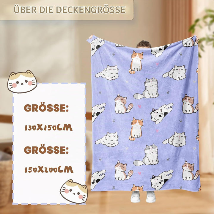 Decke katzenmotiv 130x150cm,Cartoon Kätzchen kuscheldecke Fleece Decke mit 3D Tierdruck, Weiche Warm