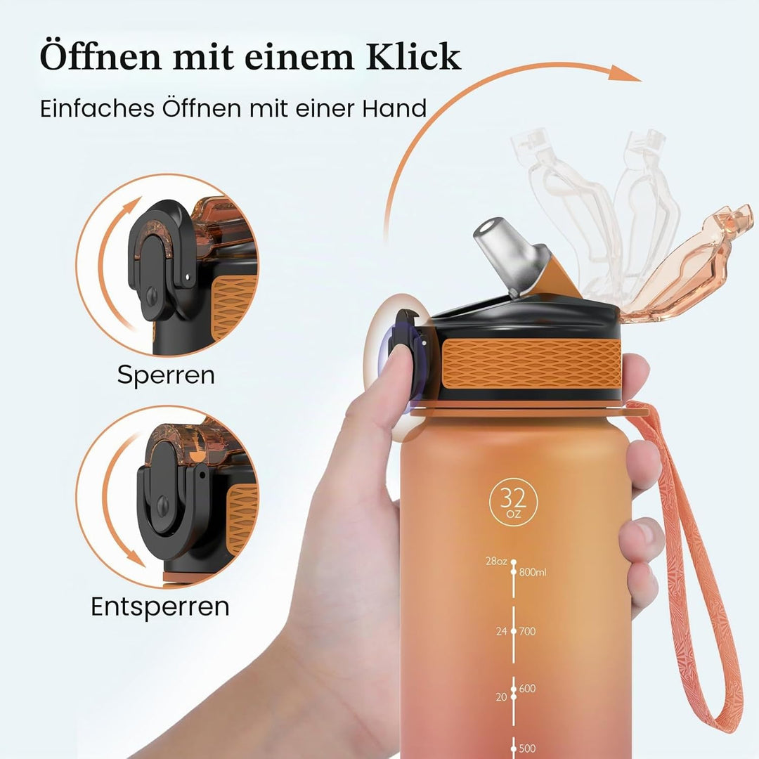 Trinkflasche, 1L Sport-Wasserflasche mit Strohhalm, Zeitmarkierungen, auslaufsicher, BPA-freiTritan,
