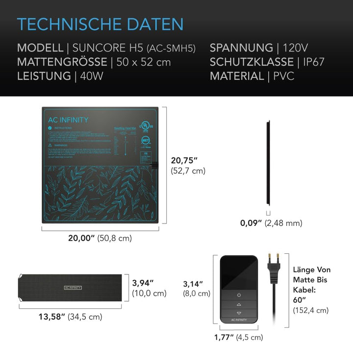 AC Infinity SUNCORE H5 – Heizmatte 50 x 52,7 cm mit digitalem Thermostat, wasserdicht, für Indoor-Ga