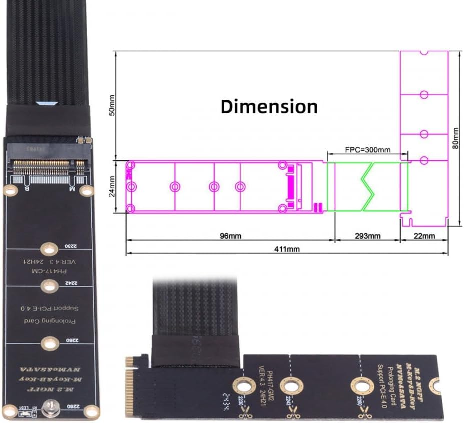 CY Adapter NGFF M-Key NVME Male to Female Extension PCI Express Cable 30cm Right Angled Type 90 Degr