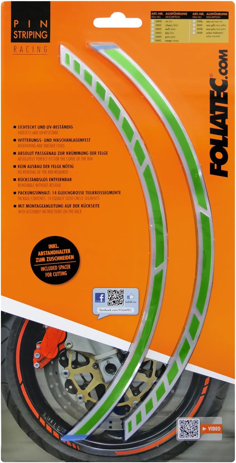 FOLIATEC PIN Striping Racing Felgenrandaufkleber Motorrad Zierstreifen Felgen Aufkleber, grün Grün 1
