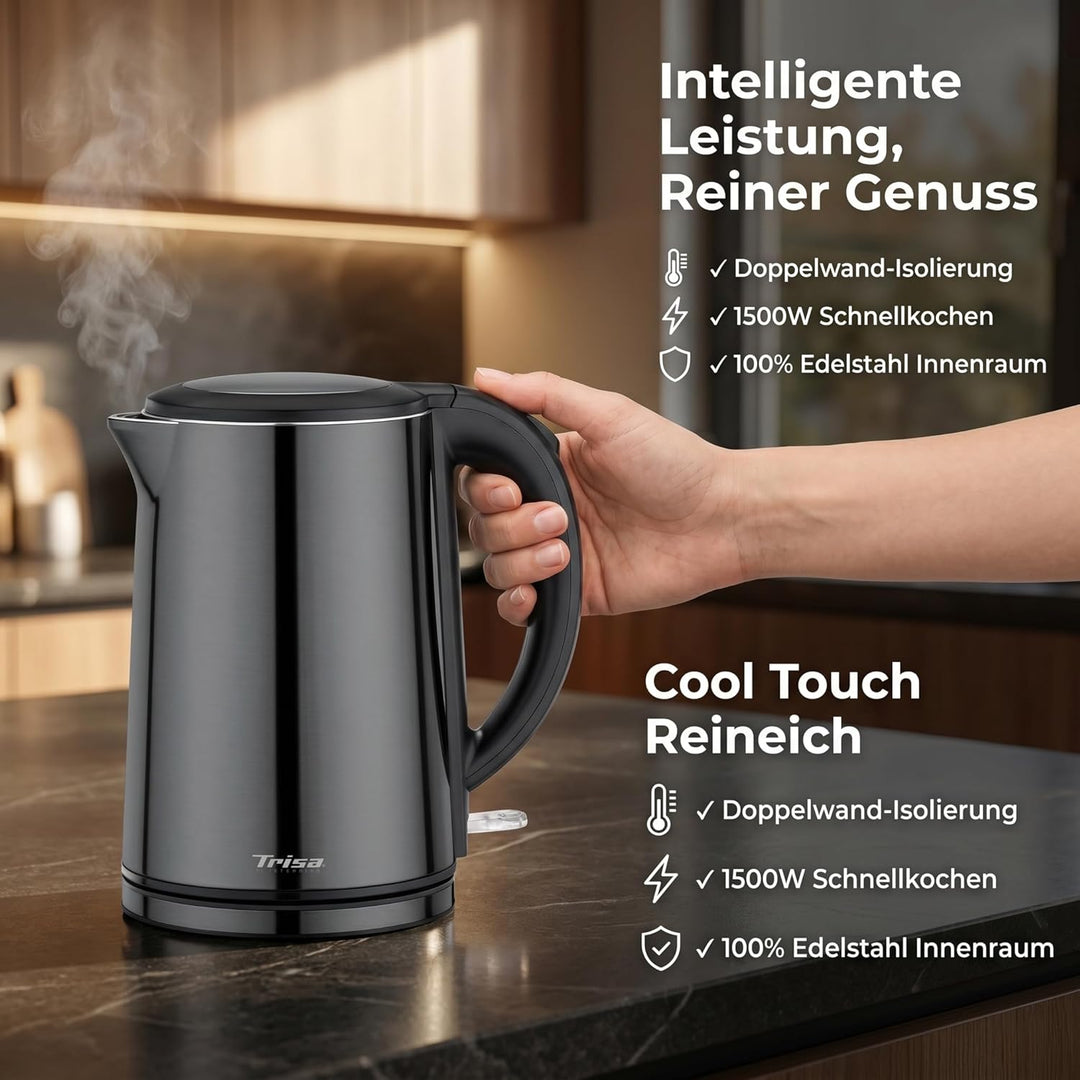 Trisa Comfort Touch Wasserkocher Edelstahl Innen (1,5L, 2200W), Doppelwandiger Teekocher mit Cool-To
