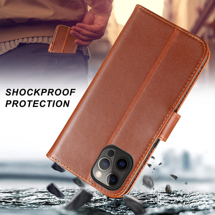 LENSUN Echtleder Hülle für iPhone 12, iPhone 12 Pro Handyhülle Echtes Leder Etui [Kartenfach][RFID B