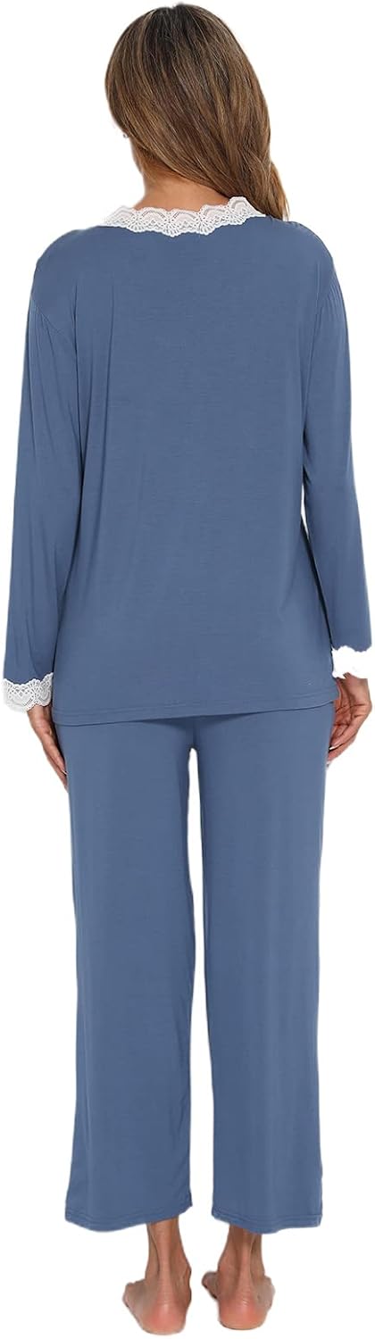 Jecarden Damen Schlafanzug mit Spitze Lang - Damen Pyjama Set Winter Langärmelig Nachtwäsche Zweitei