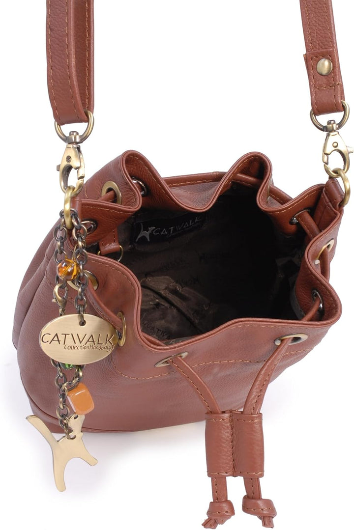 Catwalk Collection Handbags - Leder - Damen Umhängetasche mit Kordelzug - Verstellbaren Gurt - ROCHE