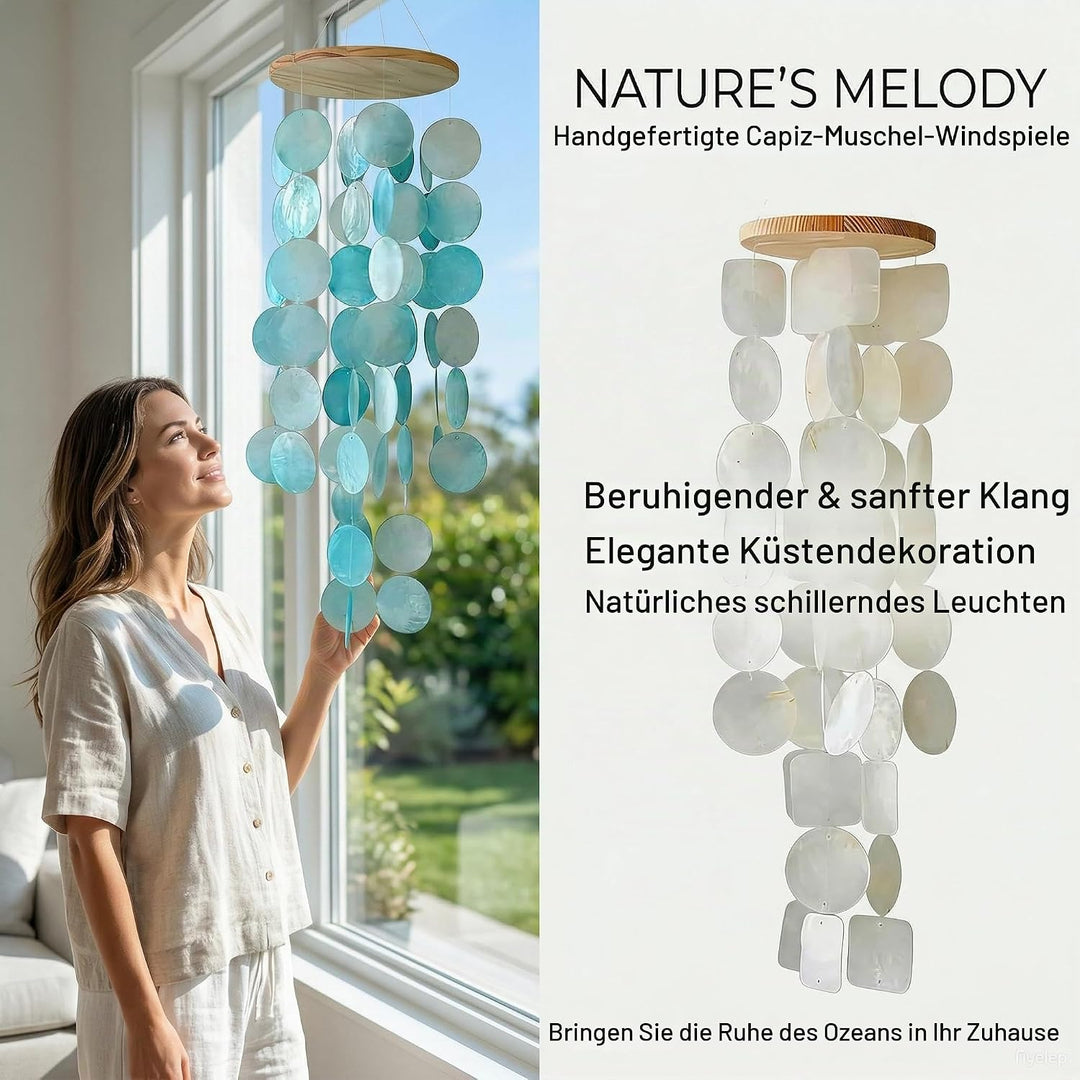 Muschel Windspiel aus echten Capiz Muscheln, Boho Deko Hängend für Balkon Garten Terrasse, 45 cm Win