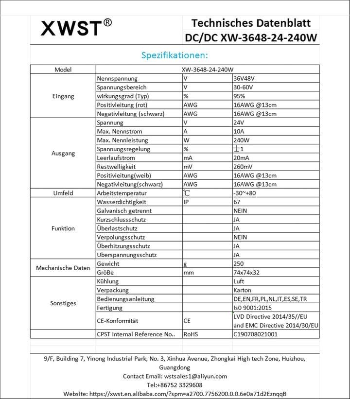 XWST DC DC 36V 48V auf 24V Spannungsregler 10A 240W Wechselrichter 20-60V zu 24V Abwärtstransformato