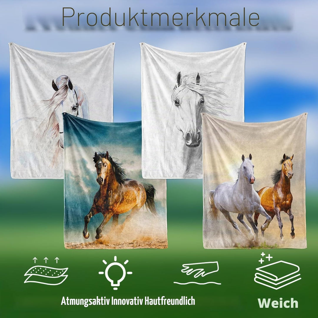 Pferd Kuscheldecke Flanell Decke Fleecedecke Flauschig Weich und Warme,3D Pferd Wohndecke Sofadecke