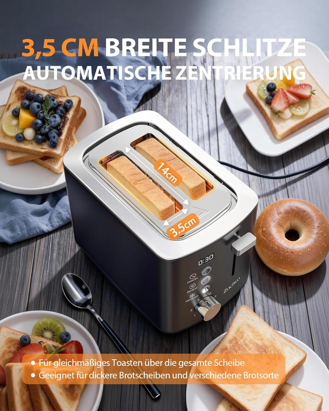 2-Scheiben Edelstahl Toaster – 3,5 cm Extra-Breitschlitz, Countdown-Anzeige, 6 Bräunungsstufen, 850