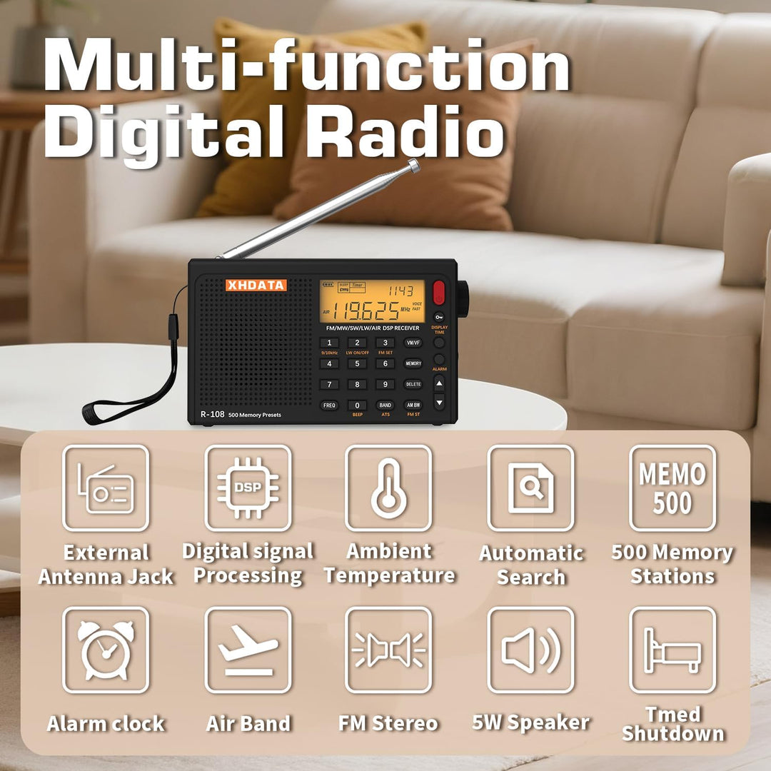 XHDATA R-108 Kleines Tragbare Radios Wiederaufladbares Batterieradio UKW FM AM SW Airband Radio welt