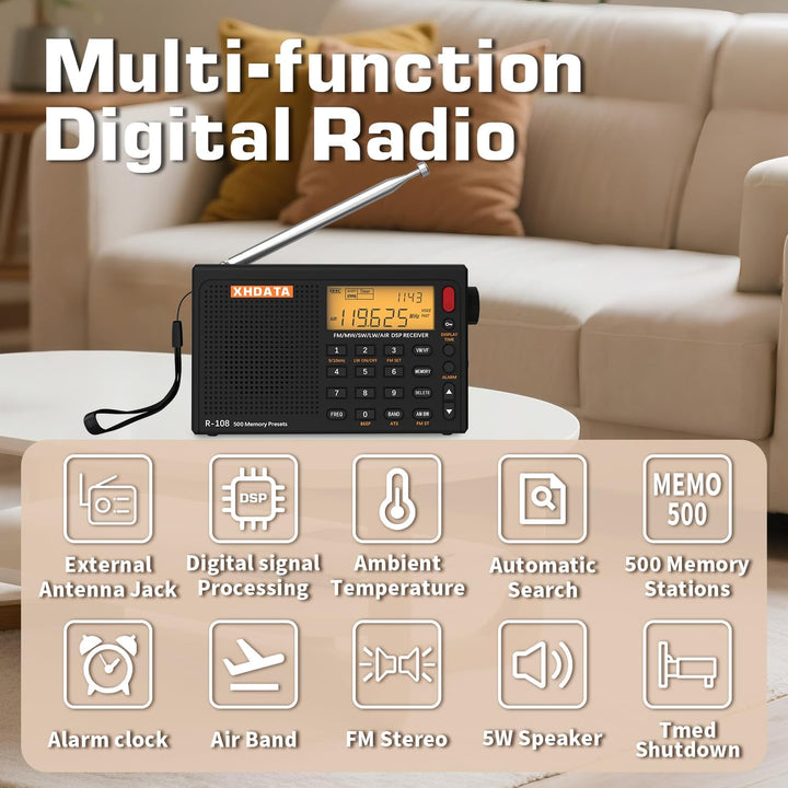 XHDATA R-108 Kleines Tragbare Radios Wiederaufladbares Batterieradio UKW FM AM SW Airband Radio welt