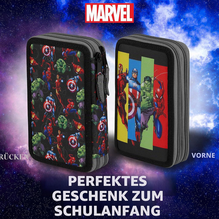 Marvel Federmäppchen für Jungen, Federmäppchen, Fächer, gefüllt, für Schule, Filz, Buntstift, Gesche