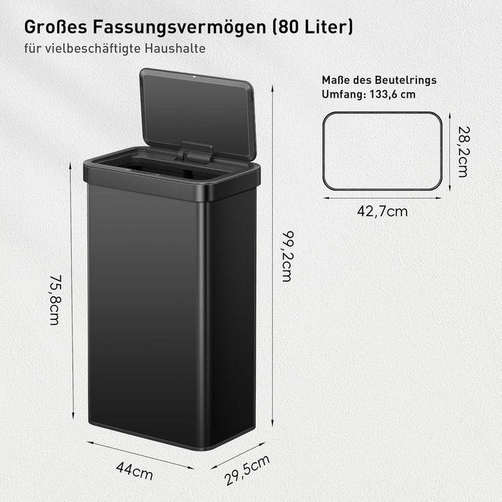 EKO 80L Sensor Mülleimer, grosser Abfalleimer mit automatischer Deckelöffnung, Soft-Close-Deckel, fi