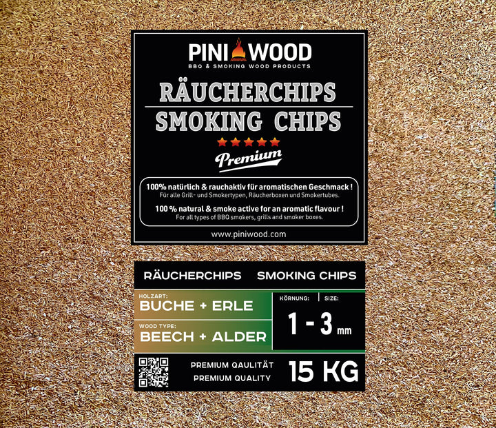PINI 15 Kg Räucherchips Buche und Erle gemischt 1-3 mm Smoking Dust Räucherspäne